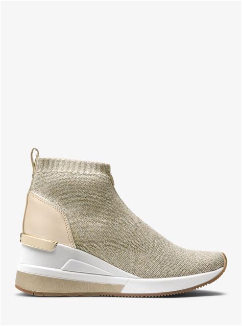 michael kors skyler metallic leather and knit sneakers gold|Skyler Embellished Metallic Stretch Knit Sock Sneaker .